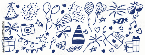 Hand drawn party doodle elements set with balloons, cake, gifts, fireworks, hearts, camera, and celebration icons. Fun sketch style illustration for birthday, party, and festive designs.