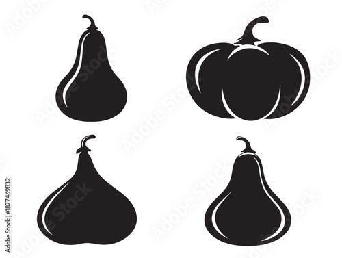 A beautiful set of four simple black squash vegetable silhouette icons