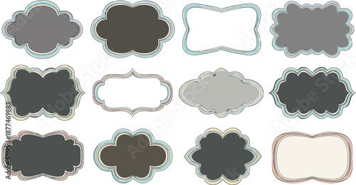 Twelve Stitched Pastel Frames and Labels in Various Decorative Shapes.eps