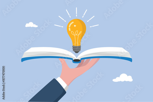 Hand hold open book to discover lightbulb idea, wisdom concept, reading book for inspiration, knowledge or education, study or learning new skill, creativity or idea, discover solution or literature.