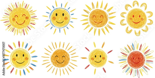 Hand drawn cheerful suns with happy faces in a childlike crayon style.eps