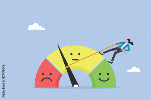 Strong businesswoman pull the string to make rating gauge to be excellent, performance rating or customer feedback, credit score or satisfaction measurement, quality control or improvement concept.