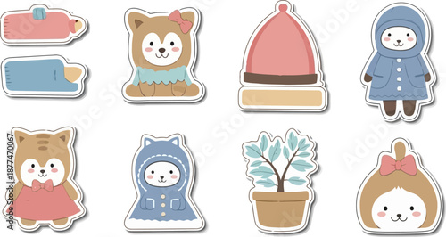 Cute pastel textured winter animal characters and cozy stickers.eps
