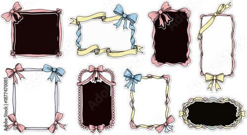 Cute hand drawn pastel ribbon frames borders and banners with bows.eps