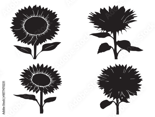 A gorgeous set of four simple black sunflower silhouette vector icons