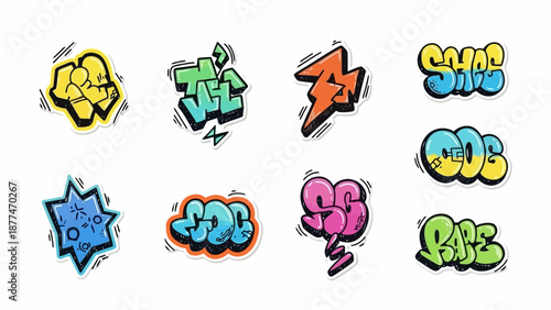 Collection of vibrant graffiti tags and street art cartoon stickers.eps