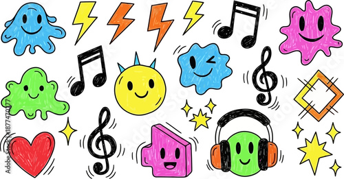 Childlike Crayon Doodles Happy Faces Music Notes and Whimsical Symbols.eps