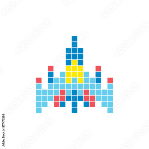 A flat pixel design made of geometric square color blocks on a clean icon layout. Pixel art spacecraft