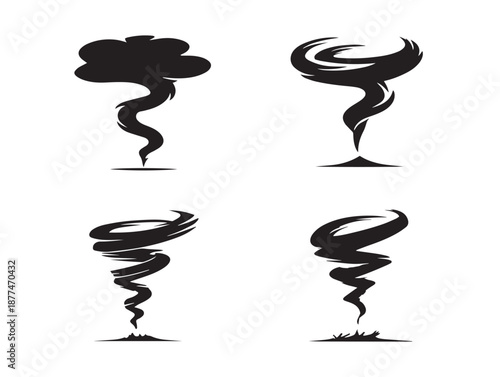 A nice set of four gorgeous black funnel cloud silhouette vector illustrations