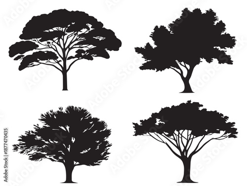A gorgeous set of four simple black tree branch silhouette vector icons
