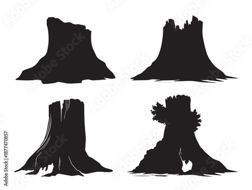 A nice set of four simple black tree stump silhouette vector icons