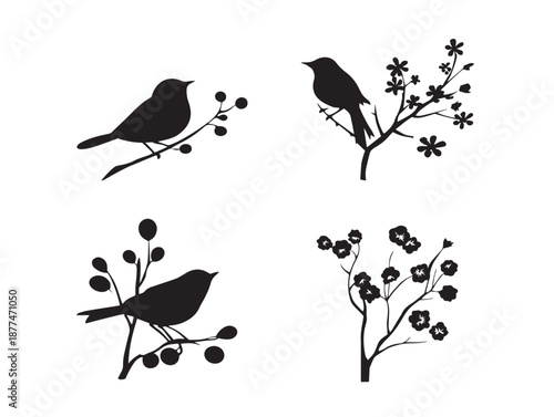 A stunning set of four detailed black small branch and twig vector icons