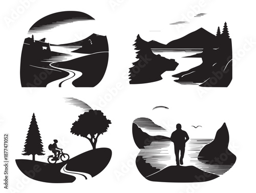 A stunning collection of four elegant solid black scenic valley graphics
