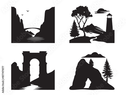 A nice set of four gorgeous black landscape valley silhouette illustrations