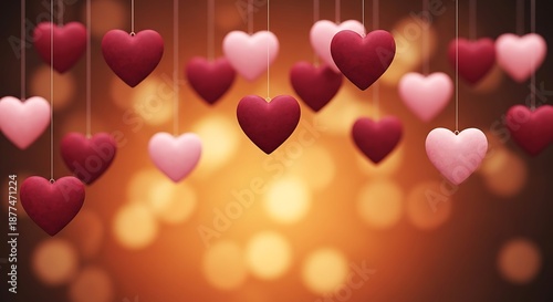 Hanging red and pink hearts on strings with warm golden bokeh background for valentine's day