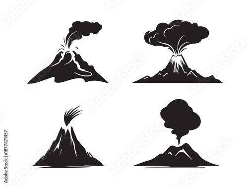 A lovely collection of four elegant black nature volcano silhouette icons