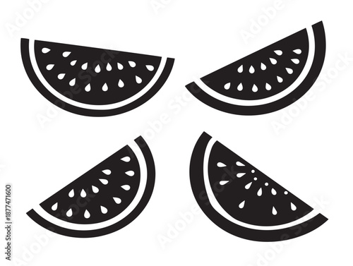 A lovely set of four simple black juicy watermelon slice silhouette vector icons