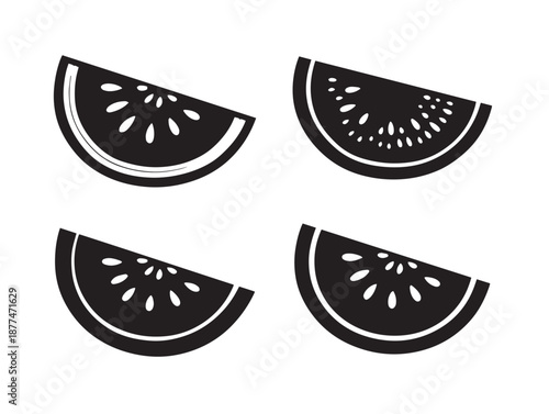 A stunning set of four detailed black summer watermelon slice vector illustrations