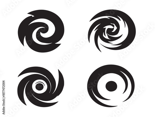 A simple set of four elegant black wind swirl and gust silhouette icons