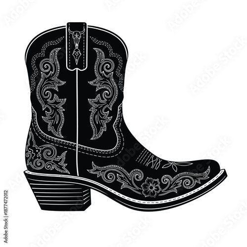 Cowboy boot silhouette with floral stitching and steer head emblem on a white background. EPS 10.