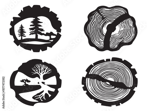 A nice set of four simple black wood slice and tree ring silhouette icons