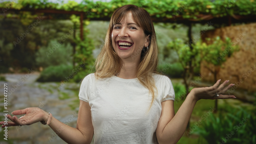 Naklejka premium Young woman pointing finger and smiling with visible hands and forearms in forest setting wearing white t shirt near stone path and trellis; joy.