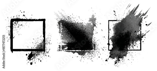 Abstract black ink paint grunge brush stroke border set background. grungy rough brushstrokes splatter stains dirty textured and transparent background vector collection.