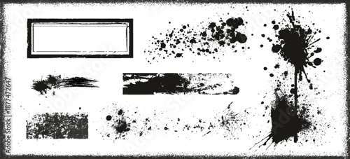 Abstract black ink paint grunge brush stroke border set background. grungy rough brushstrokes splatter stains dirty textured and transparent background vector collection.