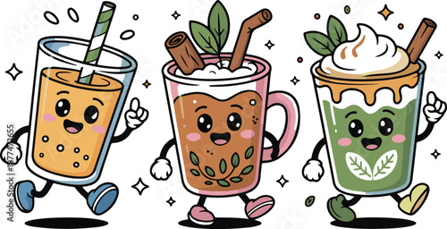 Three Animated Drinks Running with Fun Expressions