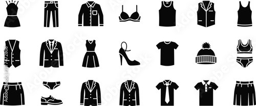 Clothing icon set, black silhouette apparel symbols, dresses pants shirts shoes underwear, fashion wardrobe collection, flat vector design, isolated background