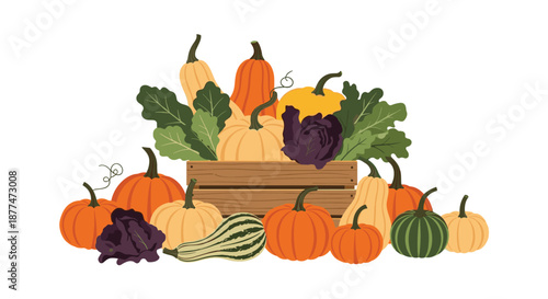 Assortment of diverse pumpkins squashes and gourds packed into a wooden crate with dark green and purple leaves.