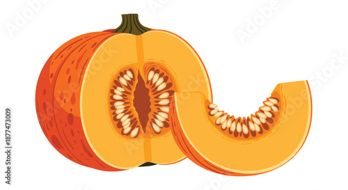 Detailed illustration of a large orange pumpkin cut in half with a separate slice showing the internal yellow seeds and pulp.
