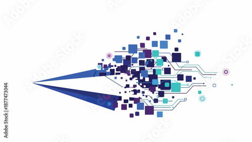 Digital illustration of a blue arrow exploding into colorful squares and circuit lines on a white background with a futuristic and technological mood.