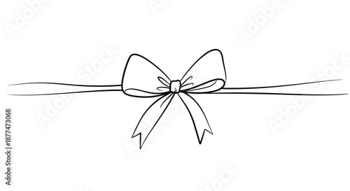 Minimalist black and white line drawing of a simple ribbon bow with two long ends resting on a thin horizontal line.