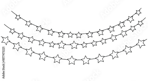 Festive black and white line drawing featuring three rows of hanging star-shaped garlands against a plain white background.