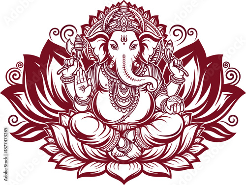 Lord Ganesha illustration seated on lotus mandala style, intricate Hindu deity line art, spiritual vector tattoo design isolated white background