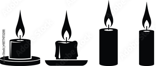 Minimal candle icons set, black silhouette burning candles, wax drip shapes, flat vector illustration isolated on white background, stock design