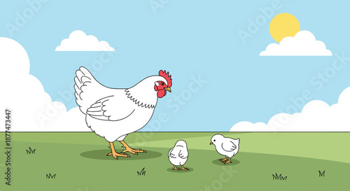 Friendly white hen watching over two small white chicks in a green grassy field under a sunny blue sky with soft white clouds.