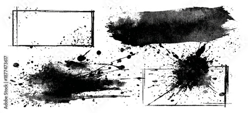 Abstract black ink paint grunge brush stroke border set background. grungy rough brushstrokes splatter stains dirty textured and transparent background vector collection.