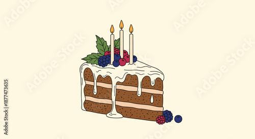 Slice of moist chocolate cake with white frosting dripping down the sides topped with three candles and berries.