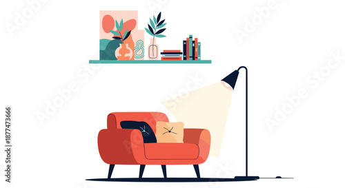 Cozy modern interior design corner featuring a bright orange armchair a floor lamp and a shelf with green plants and books.