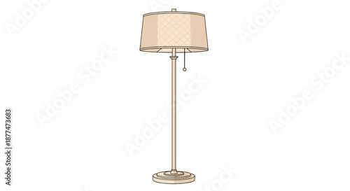 Traditional and elegant floor lamp featuring a tall thin metal stand and a beige pleated lampshade with a pull chain.