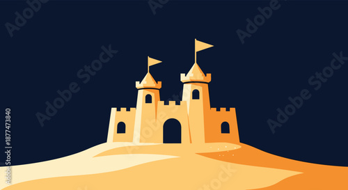 Golden silhouette of a three-towered sandcastle standing on a desert beach under a dark blue night sky with two small flags.