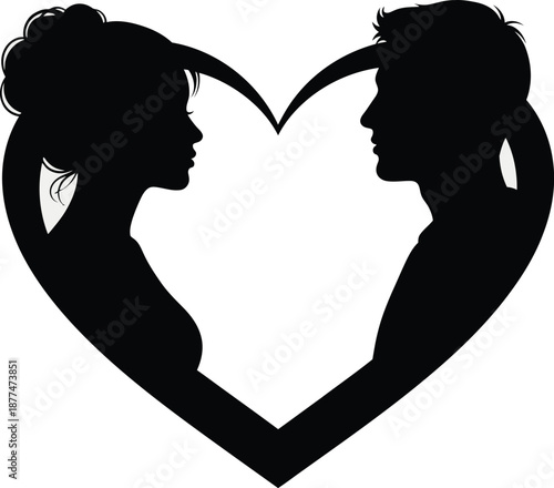 Silhouette of a couple in love, facing each other within a heart shape