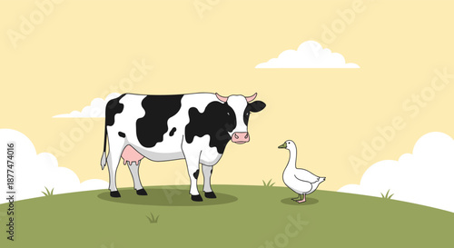Large black and white dairy cow standing peacefully next to a white goose in a green field under a pale yellow sunset sky.