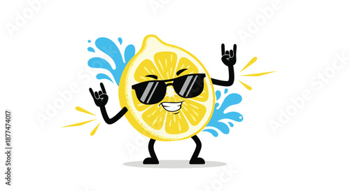 A cheerful and cool cartoon lemon character, wearing sunglasses and making rock-and-roll hand gestures, radiates a refreshing, energetic, and fun summer or party atmosphere.