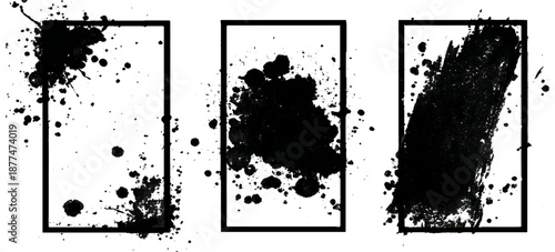 Abstract black ink paint grunge brush stroke border set background. grungy rough brushstrokes splatter stains dirty textured and transparent background vector collection.