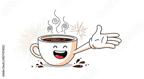 A cheerful cartoon coffee cup character with steaming hot coffee and splashing drops, extending a gloved hand in a wide, welcoming, or presenting gesture.