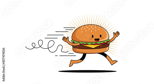 A cheerful, anthropomorphic cartoon hamburger with a big smile and waving hands runs quickly, leaving a curly motion trail, symbolizing fast food or an active lifestyle.