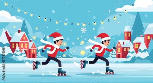 Joyful boys in festive winter attire roller skating on an icy surface amidst a snowy village decorated with string lights and falling snowflakes.